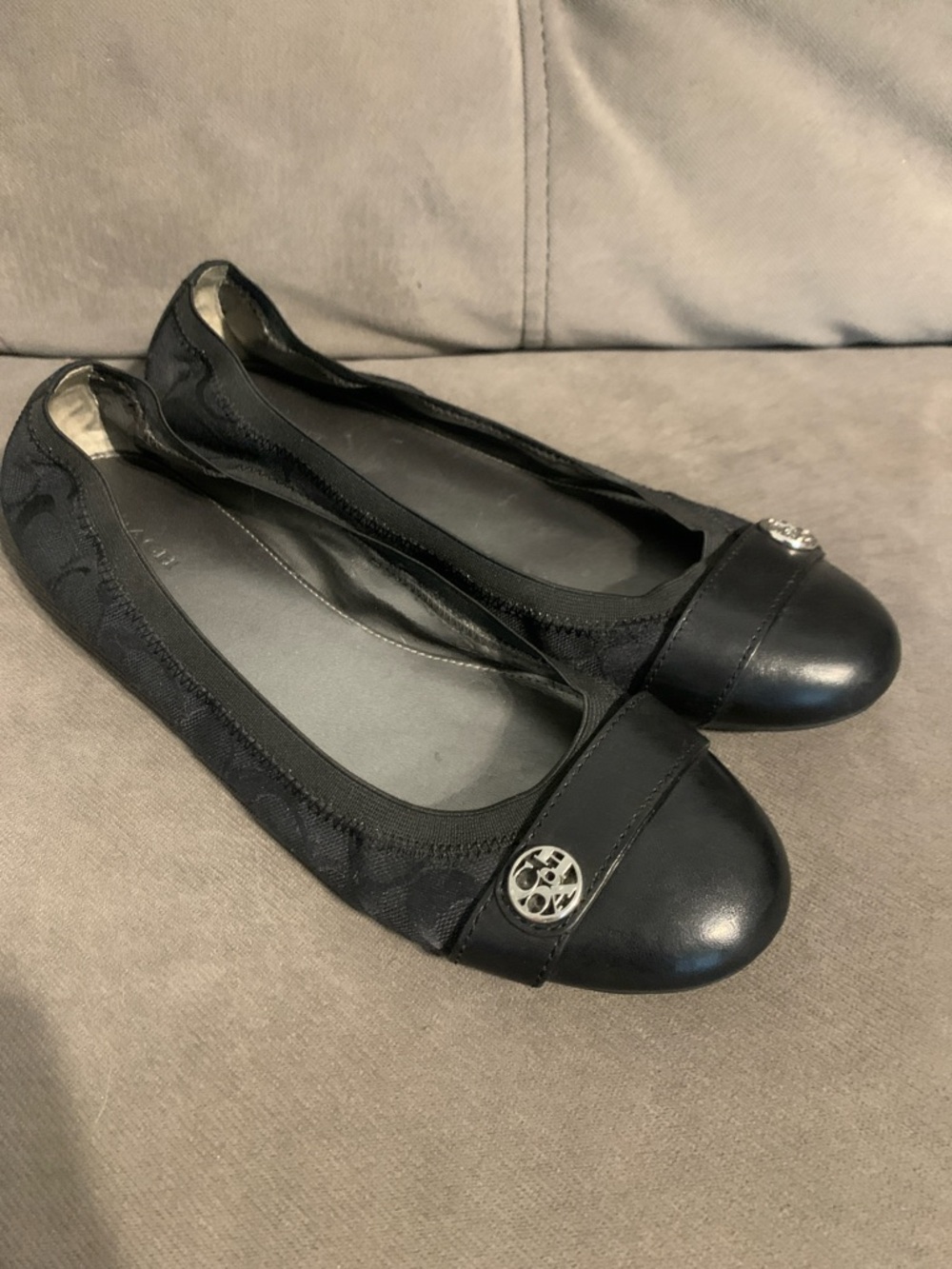 Coach Black Women's Logo Ballet Flats with Silver Emblem
